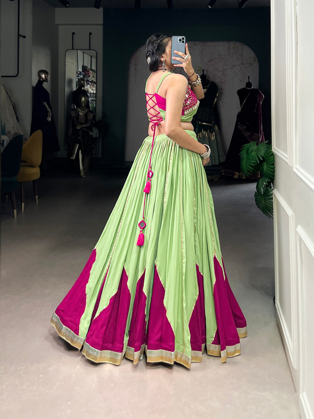 Lorenvalley Fashion Parrot Pure Rayon Embossed Design With Gotta Patti Lace Touch Up Lehenga Choli