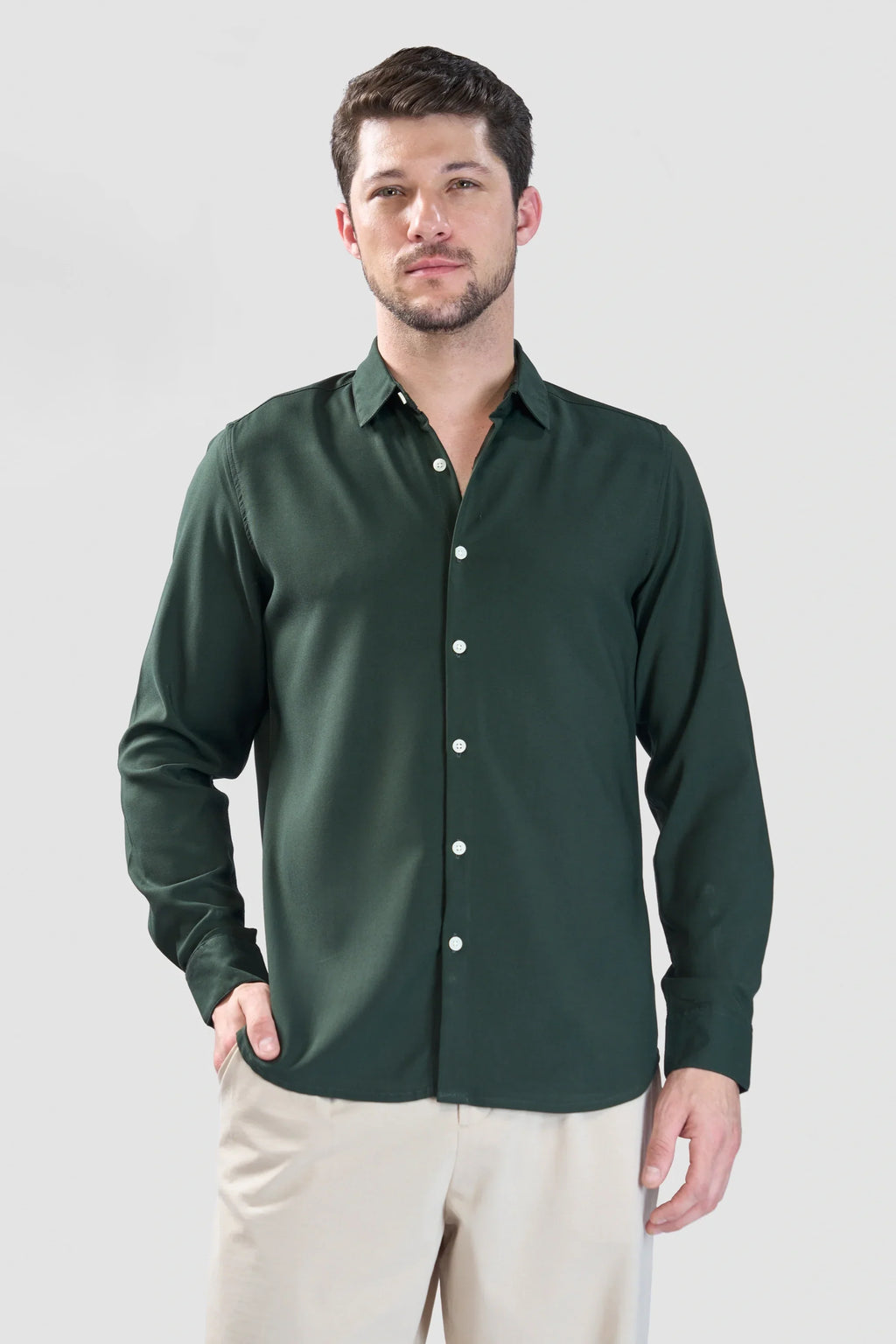 Xkind Bottle Green Plain Slim Fit Shirt
