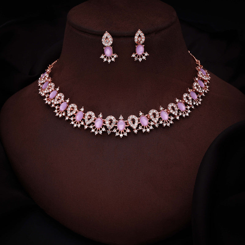 Tehzeeb Creations Lavender Colour Ad Studded Necklace Jewellery Set With Matching Earrings For Women And Girls