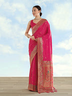 Monjolika Fashion Rani Pink Banarasi Satin Silk Saree With Zari Border And Butti Work - Distacart
