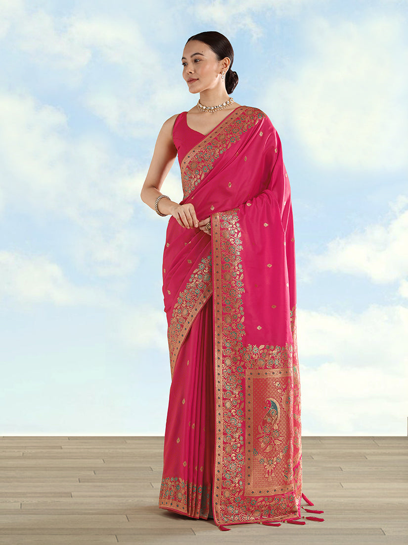 Monjolika Fashion Rani Pink Banarasi Satin Silk Saree With Zari Border And Butti Work - Distacart