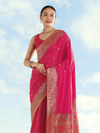 Monjolika Fashion Rani Pink Banarasi Satin Silk Saree With Zari Border And Butti Work - Distacart