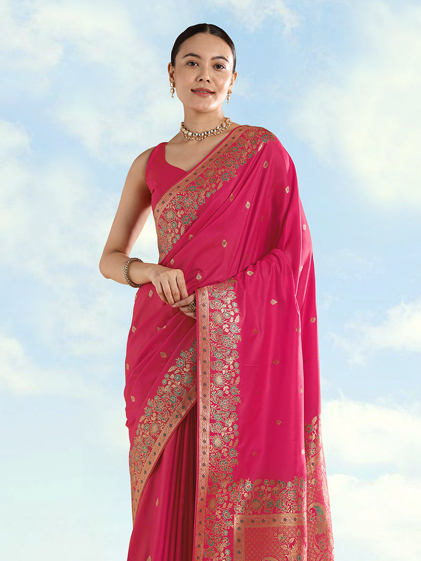 Monjolika Fashion Rani Pink Banarasi Satin Silk Saree With Zari Border And Butti Work - Distacart