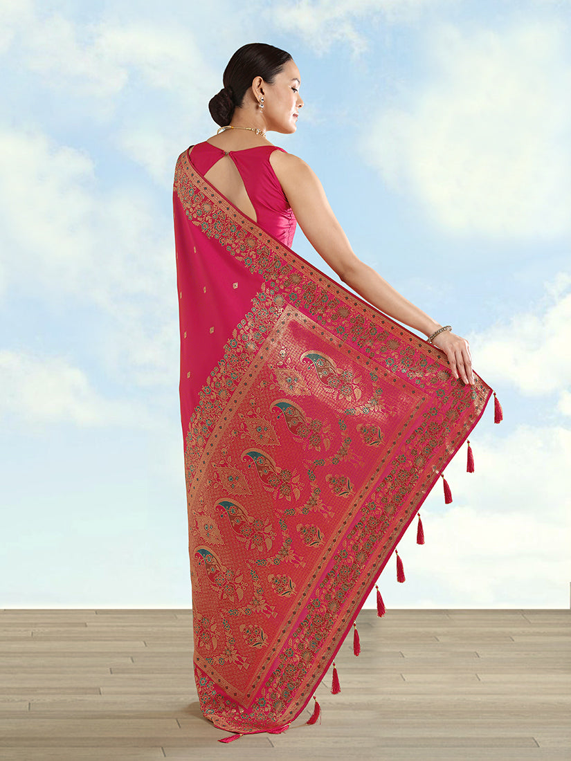 Monjolika Fashion Rani Pink Banarasi Satin Silk Saree With Zari Border And Butti Work - Distacart