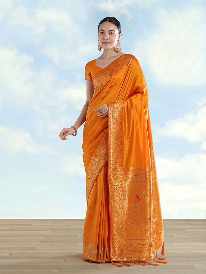 Monjolika Fashion Orange Banarasi Satin Silk Saree With Zari Border And Butti Work - Distacart