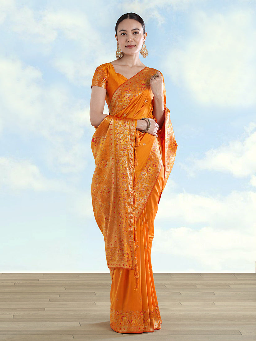 Monjolika Fashion Orange Banarasi Satin Silk Saree With Zari Border And Butti Work - Distacart