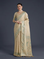 Monjolika Fashion Cream Banarasi Satin Silk Saree With Zari Border And Butti Work - Distacart