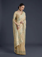Monjolika Fashion Cream Banarasi Satin Silk Saree With Zari Border And Butti Work - Distacart