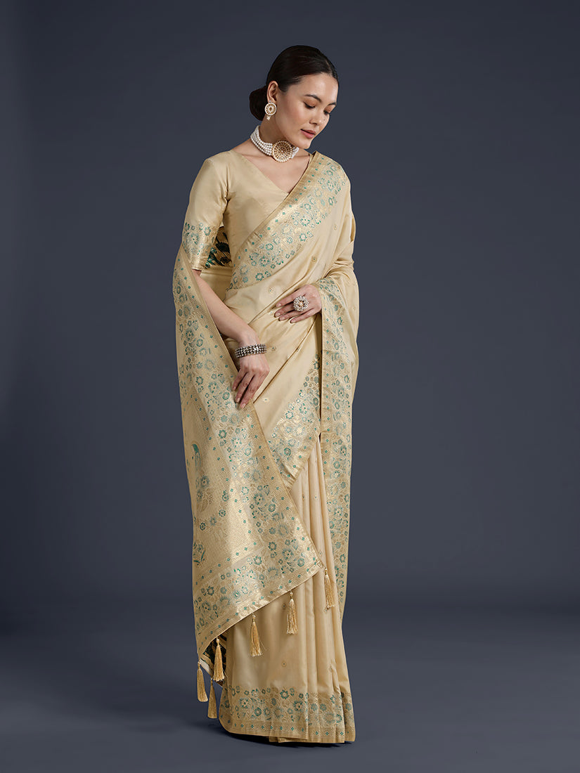 Monjolika Fashion Cream Banarasi Satin Silk Saree With Zari Border And Butti Work - Distacart