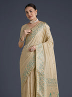 Monjolika Fashion Cream Banarasi Satin Silk Saree With Zari Border And Butti Work - Distacart