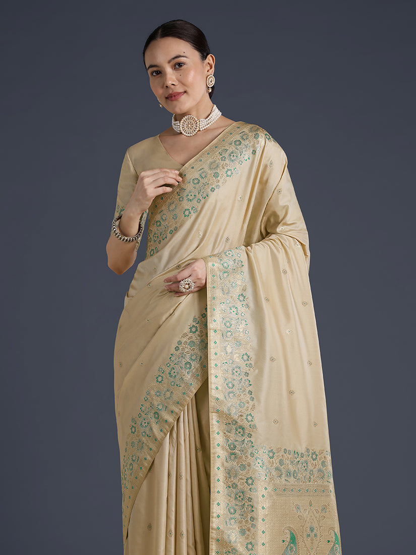 Monjolika Fashion Cream Banarasi Satin Silk Saree With Zari Border And Butti Work - Distacart
