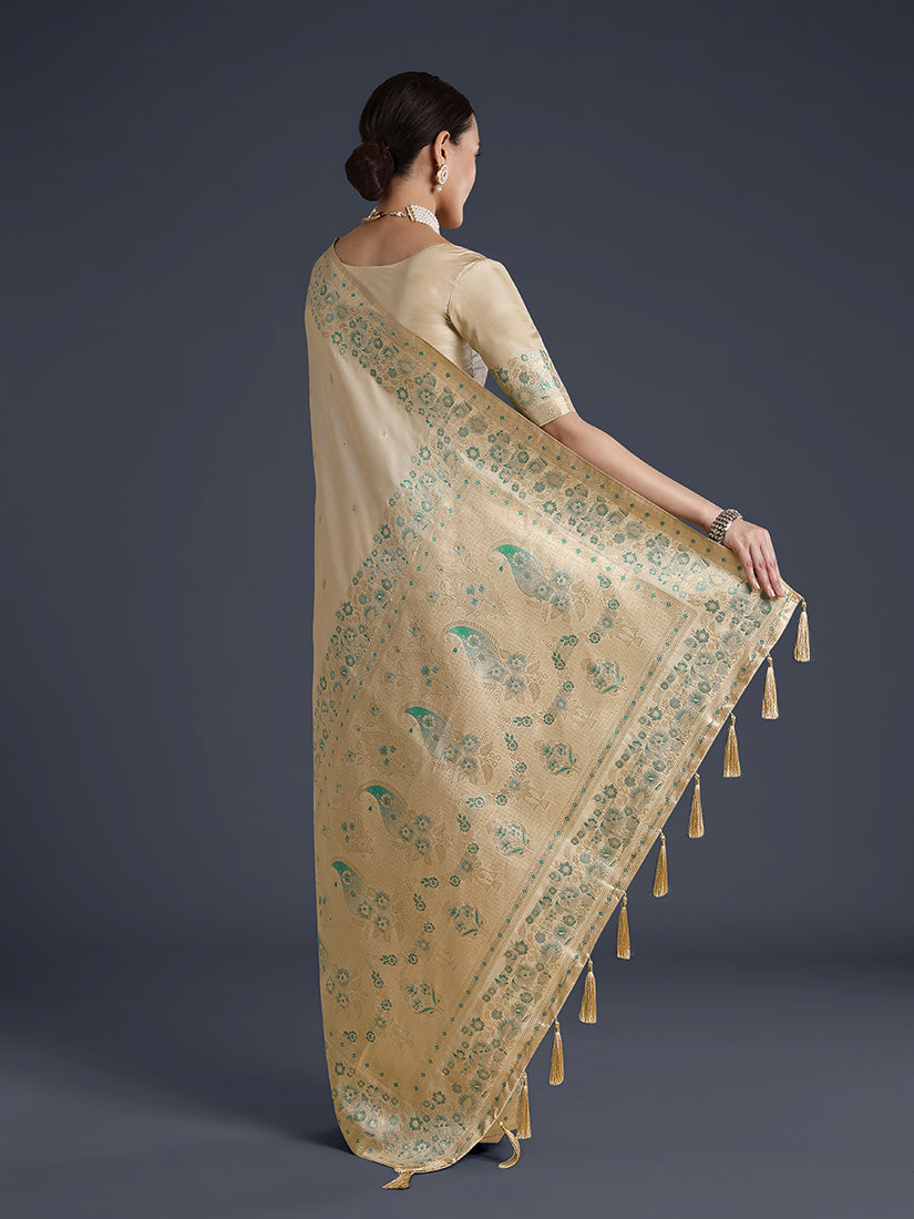 Monjolika Fashion Cream Banarasi Satin Silk Saree With Zari Border And Butti Work - Distacart