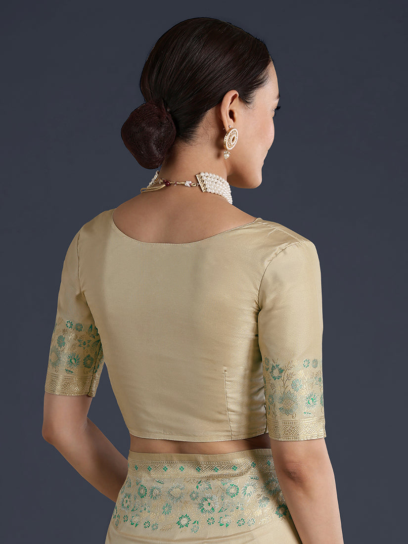 Monjolika Fashion Cream Banarasi Satin Silk Saree With Zari Border And Butti Work - Distacart