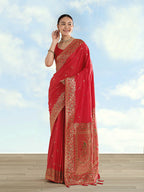 Monjolika Fashion Red Banarasi Satin Silk Saree With Zari Border And Butti Work - Distacart