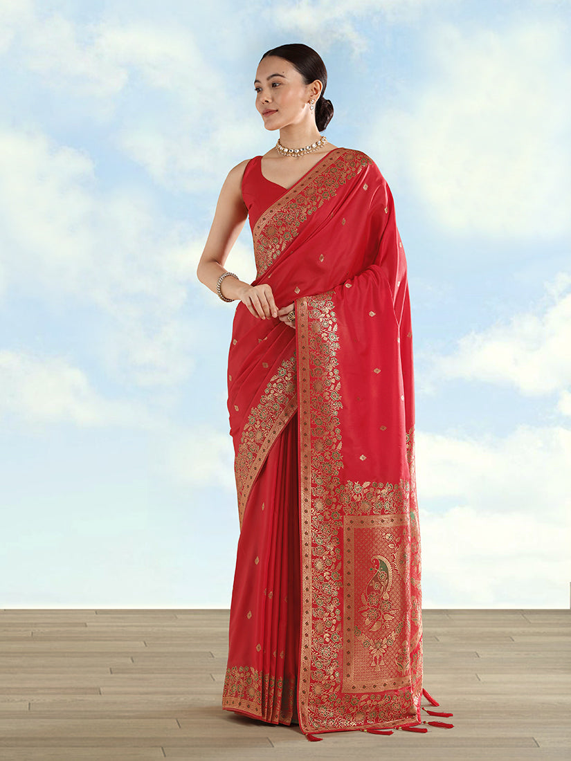 Monjolika Fashion Red Banarasi Satin Silk Saree With Zari Border And Butti Work - Distacart