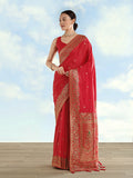 Monjolika Fashion Red Banarasi Satin Silk Saree With Zari Border And Butti Work - Distacart