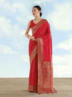 Monjolika Fashion Red Banarasi Satin Silk Saree With Zari Border And Butti Work - Distacart