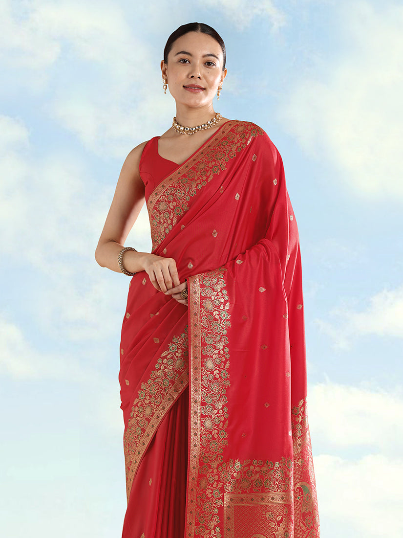 Monjolika Fashion Red Banarasi Satin Silk Saree With Zari Border And Butti Work - Distacart
