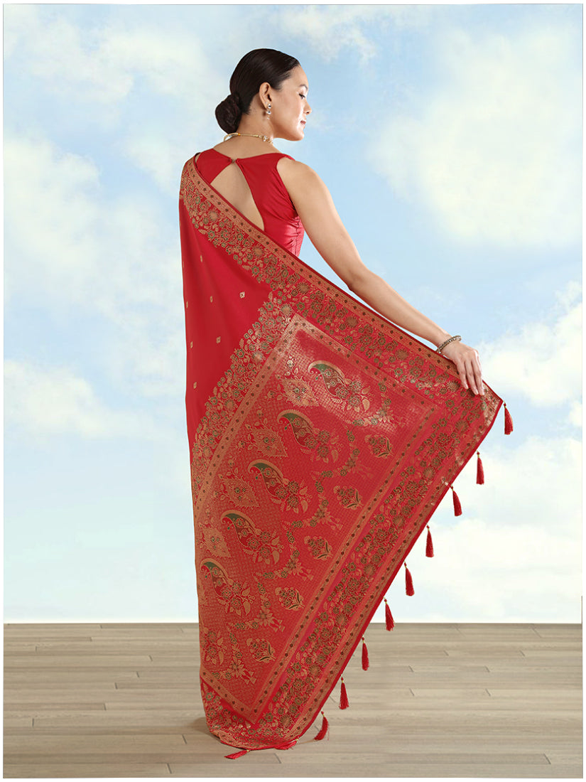 Monjolika Fashion Red Banarasi Satin Silk Saree With Zari Border And Butti Work - Distacart