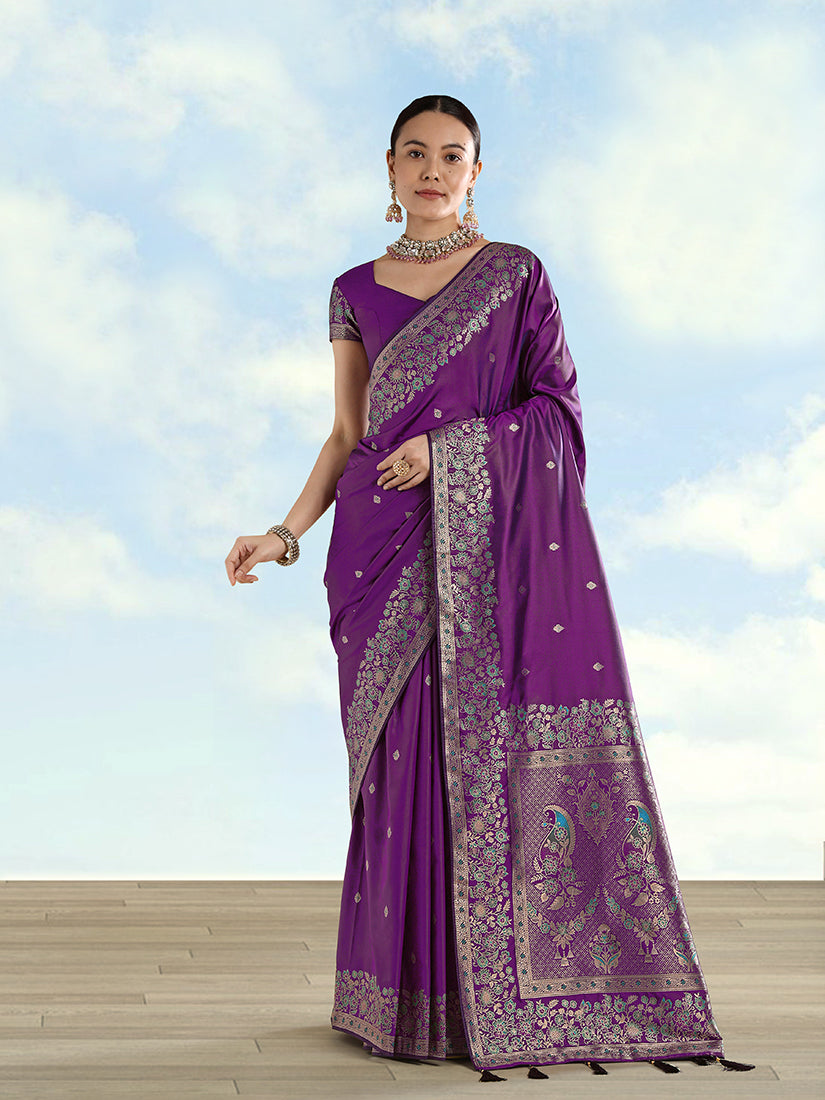 Monjolika Fashion Purple Banarasi Satin Silk Saree With Zari Border And Butti Work - Distacart