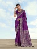 Monjolika Fashion Purple Banarasi Satin Silk Saree With Zari Border And Butti Work - Distacart