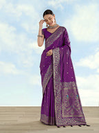 Monjolika Fashion Purple Banarasi Satin Silk Saree With Zari Border And Butti Work - Distacart