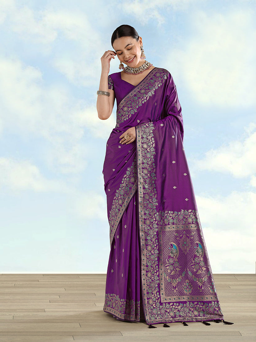Monjolika Fashion Purple Banarasi Satin Silk Saree With Zari Border And Butti Work - Distacart