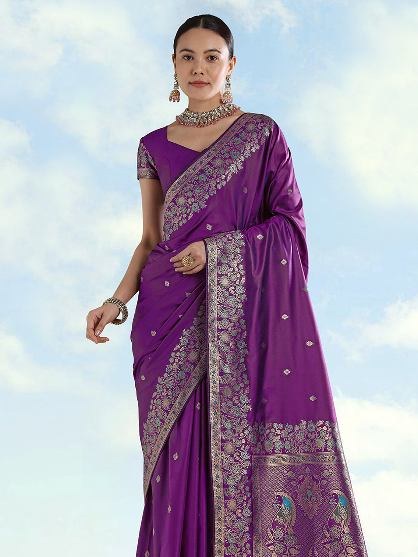 Monjolika Fashion Purple Banarasi Satin Silk Saree With Zari Border And Butti Work - Distacart