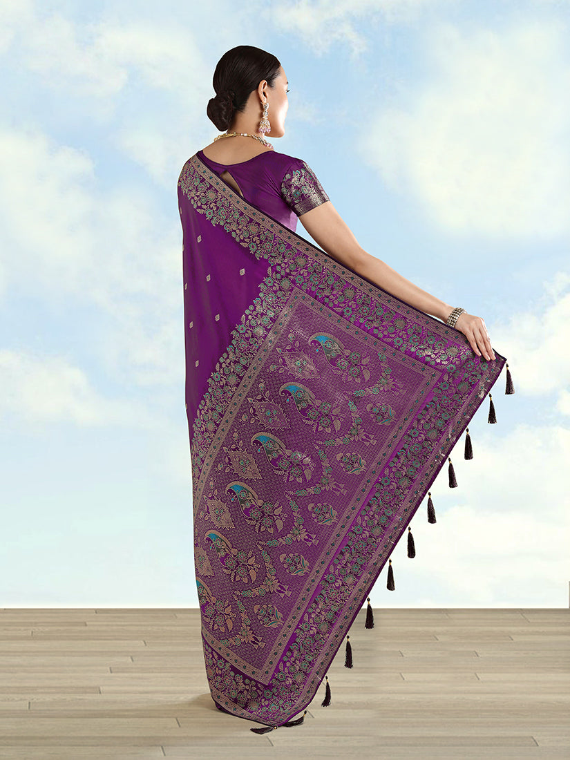 Monjolika Fashion Purple Banarasi Satin Silk Saree With Zari Border And Butti Work - Distacart