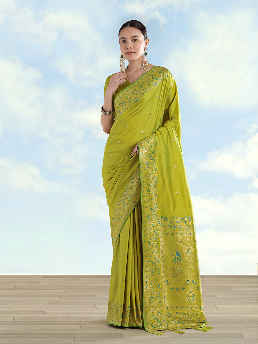 Monjolika Fashion Pear Banarasi Satin Silk Saree With Zari Border And Butti Work - Distacart