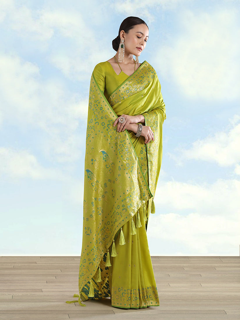 Monjolika Fashion Pear Banarasi Satin Silk Saree With Zari Border And Butti Work - Distacart