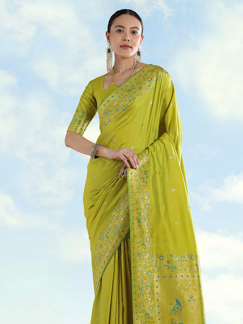 Monjolika Fashion Pear Banarasi Satin Silk Saree With Zari Border And Butti Work - Distacart