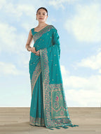 Monjolika Fashion Turquoise Banarasi Satin Silk Saree With Zari Border And Butti Work - Distacart