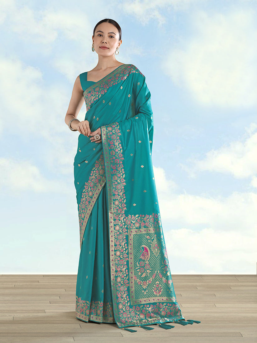 Monjolika Fashion Turquoise Banarasi Satin Silk Saree With Zari Border And Butti Work - Distacart