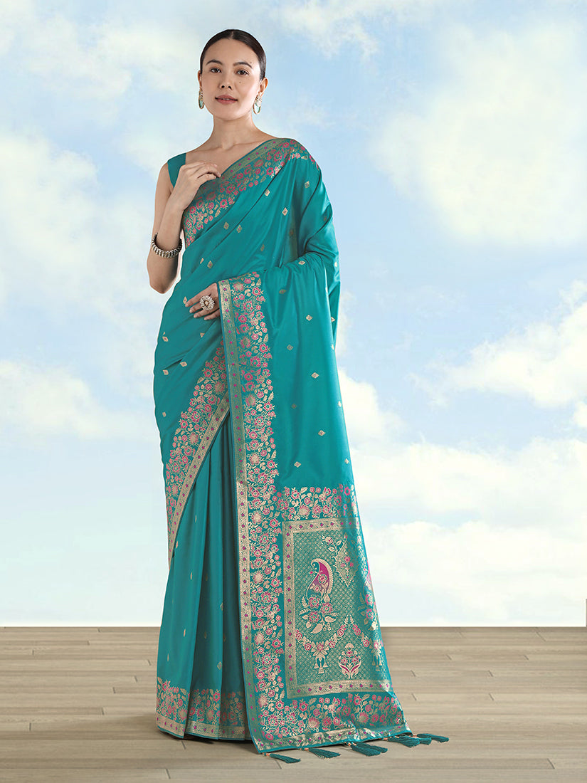 Monjolika Fashion Turquoise Banarasi Satin Silk Saree With Zari Border And Butti Work - Distacart