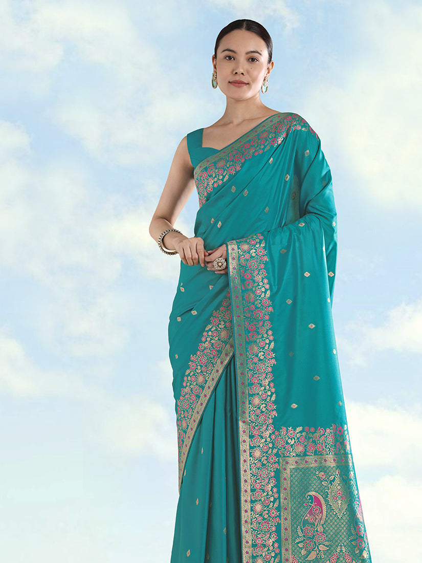 Monjolika Fashion Turquoise Banarasi Satin Silk Saree With Zari Border And Butti Work - Distacart
