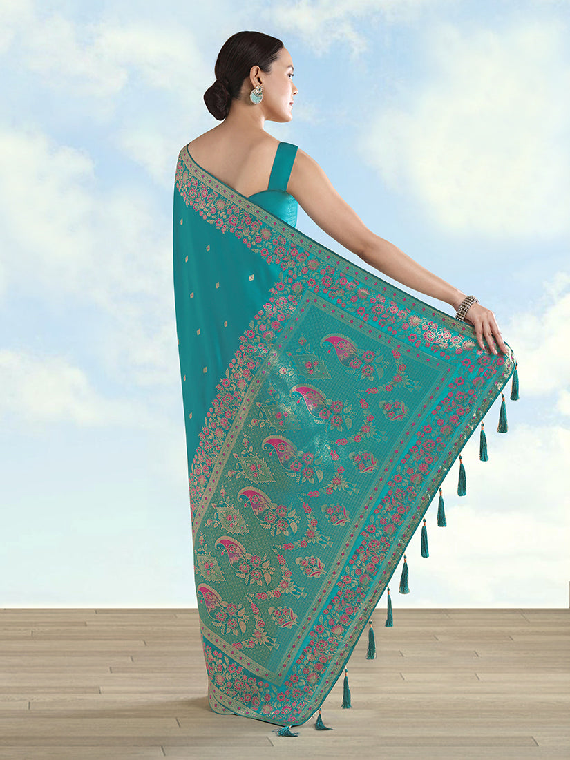 Monjolika Fashion Turquoise Banarasi Satin Silk Saree With Zari Border And Butti Work - Distacart