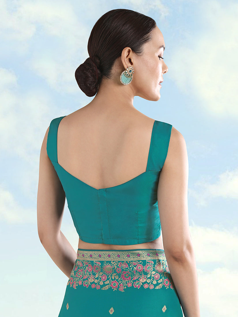 Monjolika Fashion Turquoise Banarasi Satin Silk Saree With Zari Border And Butti Work - Distacart