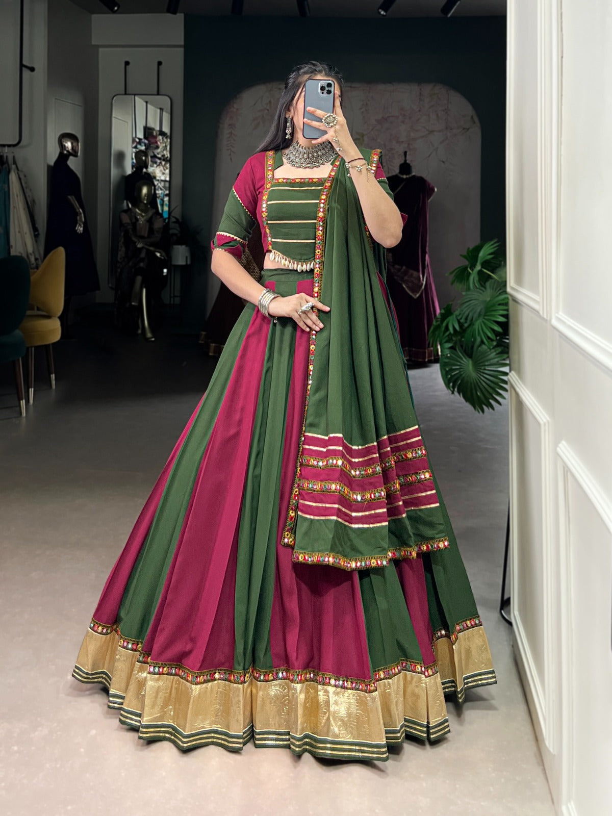 Lorenvalley Pure Rayon Embossed Design Lace With Gotta Patti And Peper Mirror Work Lace Touch Up Lehenga Choli with Dupatta