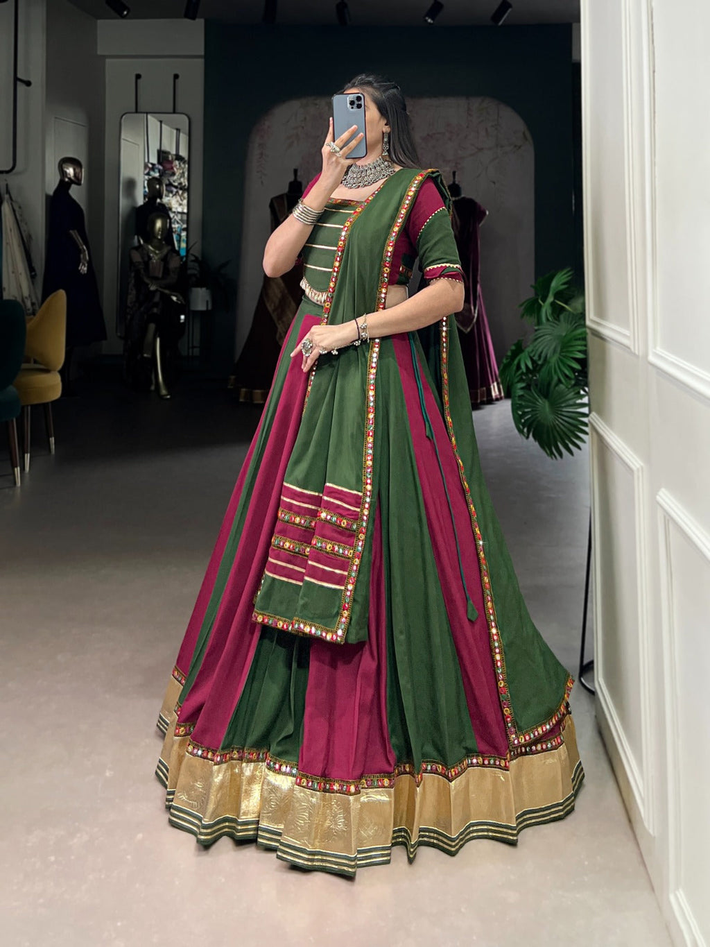 Lorenvalley Pure Rayon Embossed Design Lace With Gotta Patti And Peper Mirror Work Lace Touch Up Lehenga Choli with Dupatta