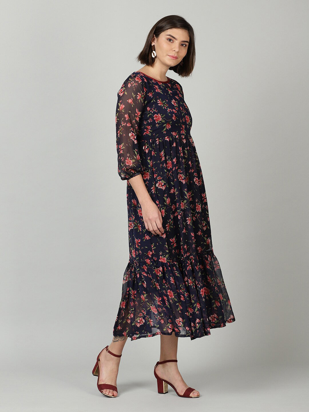 Souchii Women Navy Blue & Red Floral Chiffon A-Line Tiered Dress - Distacart