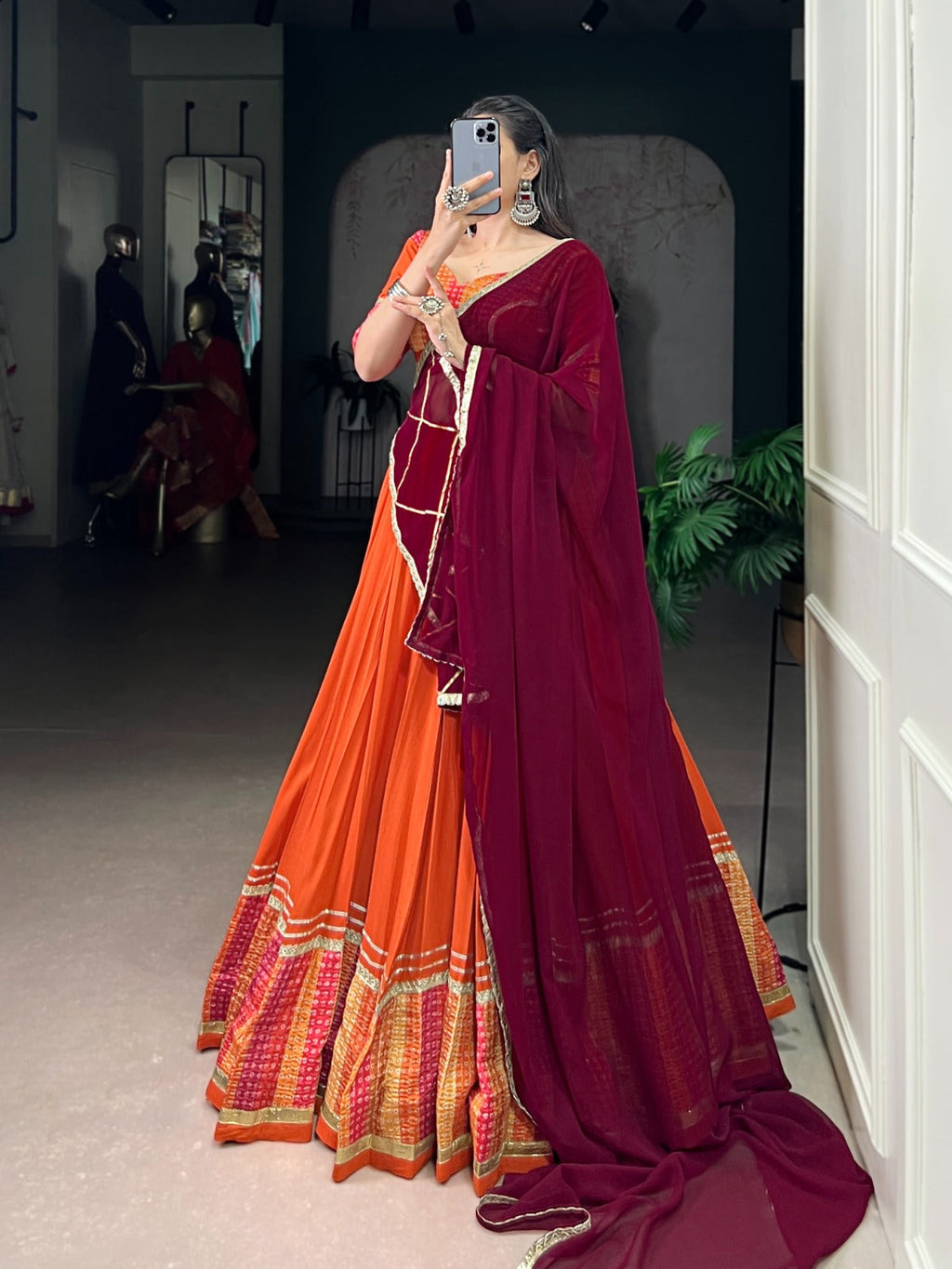 Lorenvalley Fashion Orange Pure Rayon Bandhej Print with Sequins Lace Boarder Lehenga Choli with Dupatta