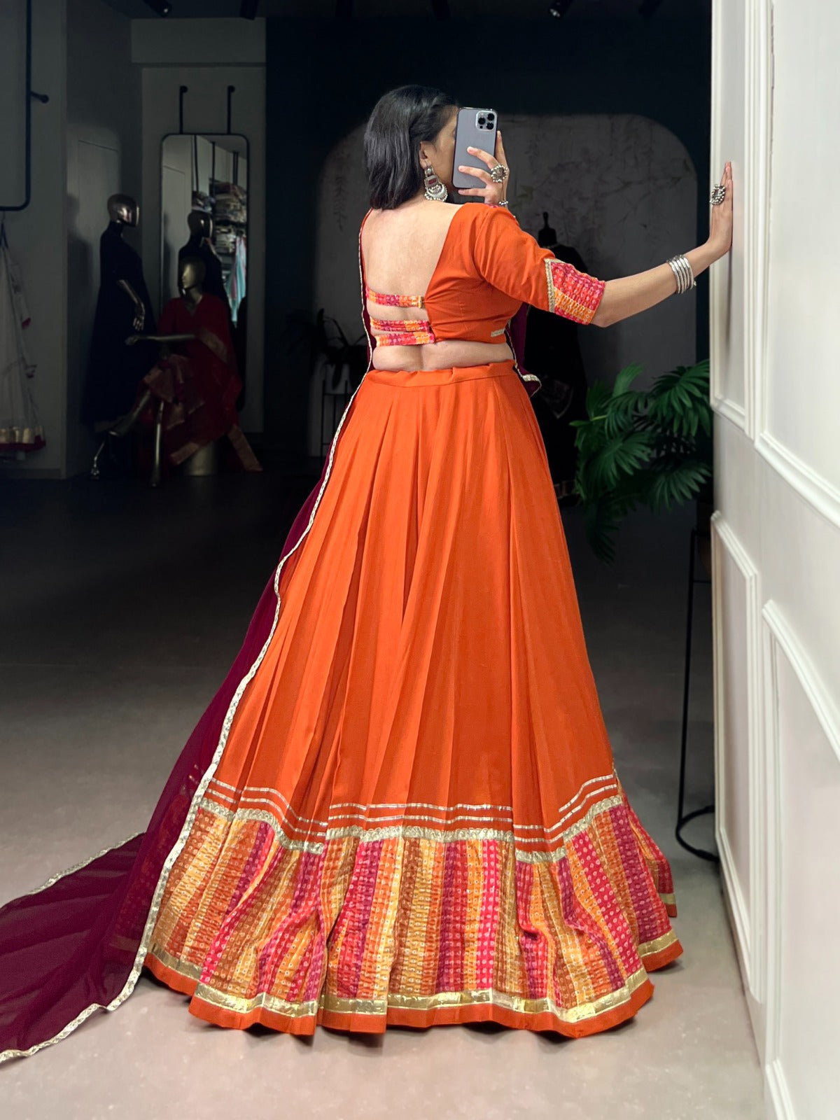 Lorenvalley Fashion Orange Pure Rayon Bandhej Print with Sequins Lace Boarder Lehenga Choli with Dupatta