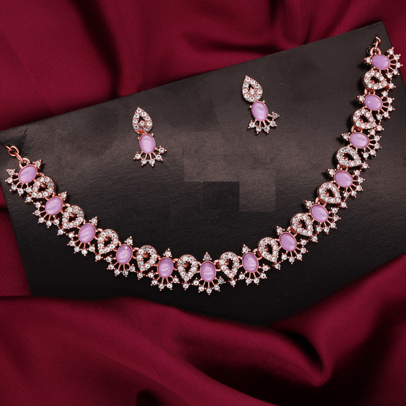 Tehzeeb Creations Lavender Colour Ad Studded Necklace Jewellery Set With Matching Earrings For Women And Girls