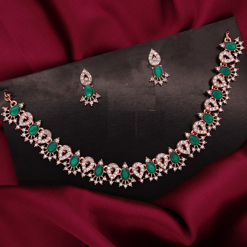 Tehzeeb Creations Green Colour Ad Studded Necklace Jewellery Set With Matching Earrings For Women And Girls
