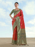 Monjolika Fashion Red Banarasi Silk Saree With Zari Woven Design - Distacart