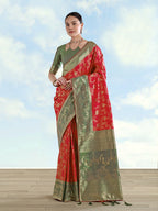 Monjolika Fashion Red Banarasi Silk Saree With Zari Woven Design - Distacart