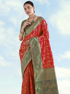 Monjolika Fashion Red Banarasi Silk Saree With Zari Woven Design - Distacart
