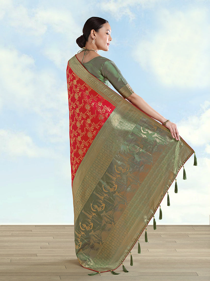 Monjolika Fashion Red Banarasi Silk Saree With Zari Woven Design - Distacart