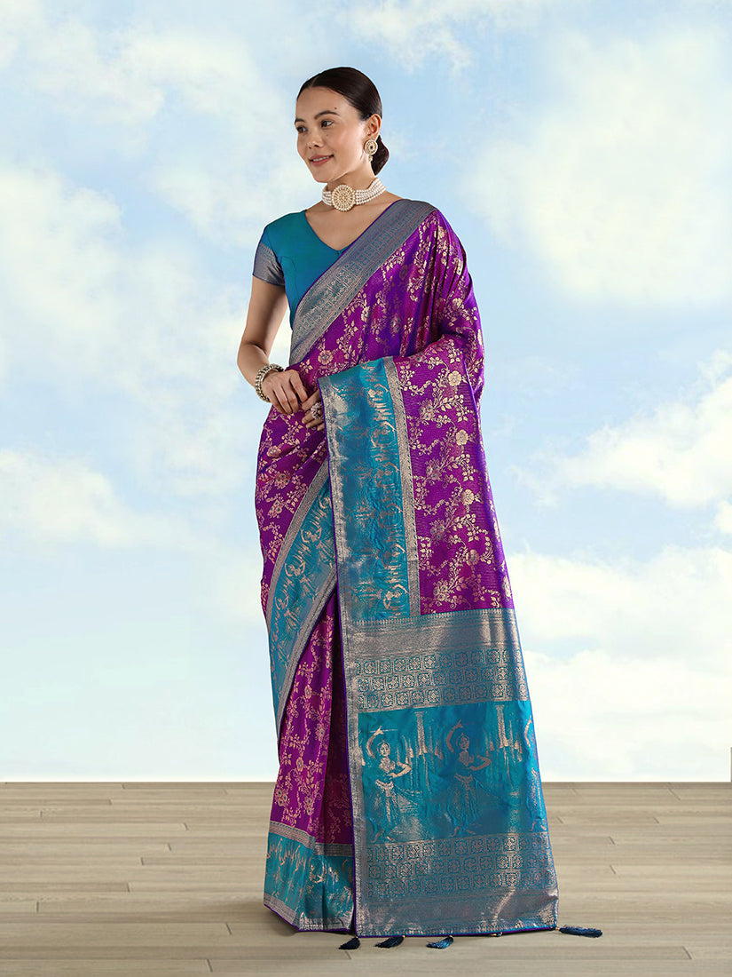 Monjolika Fashion Purple Banarasi Silk Saree With Zari Woven Design - Distacart